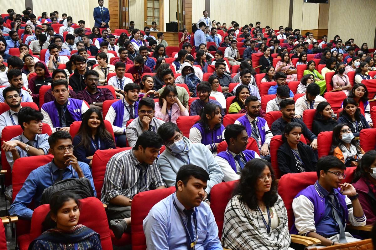 Students attend the inauguration of The Hindu International Education Fair, Christ University, in Bengaluru on Monday.