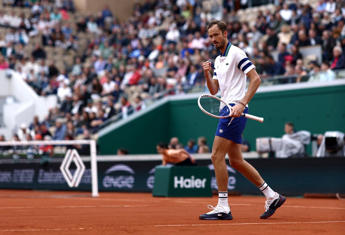 Russia’s Daniil Medvedev reacts during his second round match against Serbia’s Miomir Kecmanovic at the French Open tennis championship 2024 at Rolland Garros, in Paris on May 30, 2024.