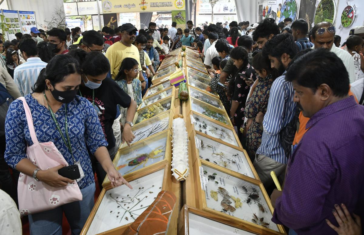 Visitors at the exhibition as part of the Krishi Mela 2025 at GKVK in Bengaluru on Sunday.
