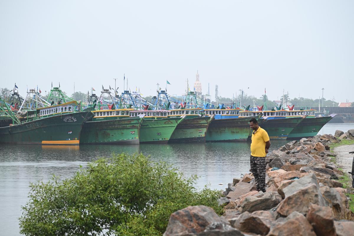 The mechanised fishing boats anchored at Thoothukudi fishing harbour on Tuesday due to continuous rainfall. 