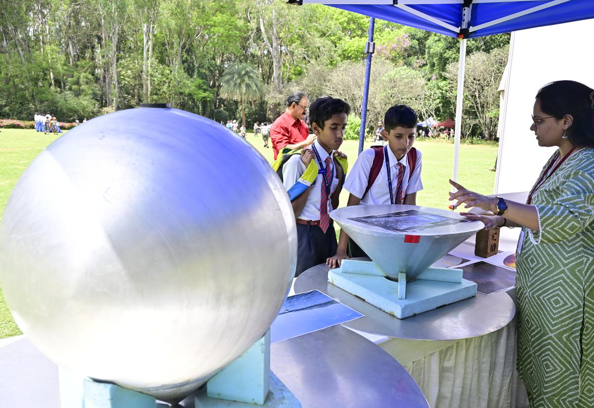 Children and visitors going through live science demonstrations, documentary film, Raman Museum and Archival Gallery at RRI campus on C.V. Raman Road in Bengaluru on Friday.