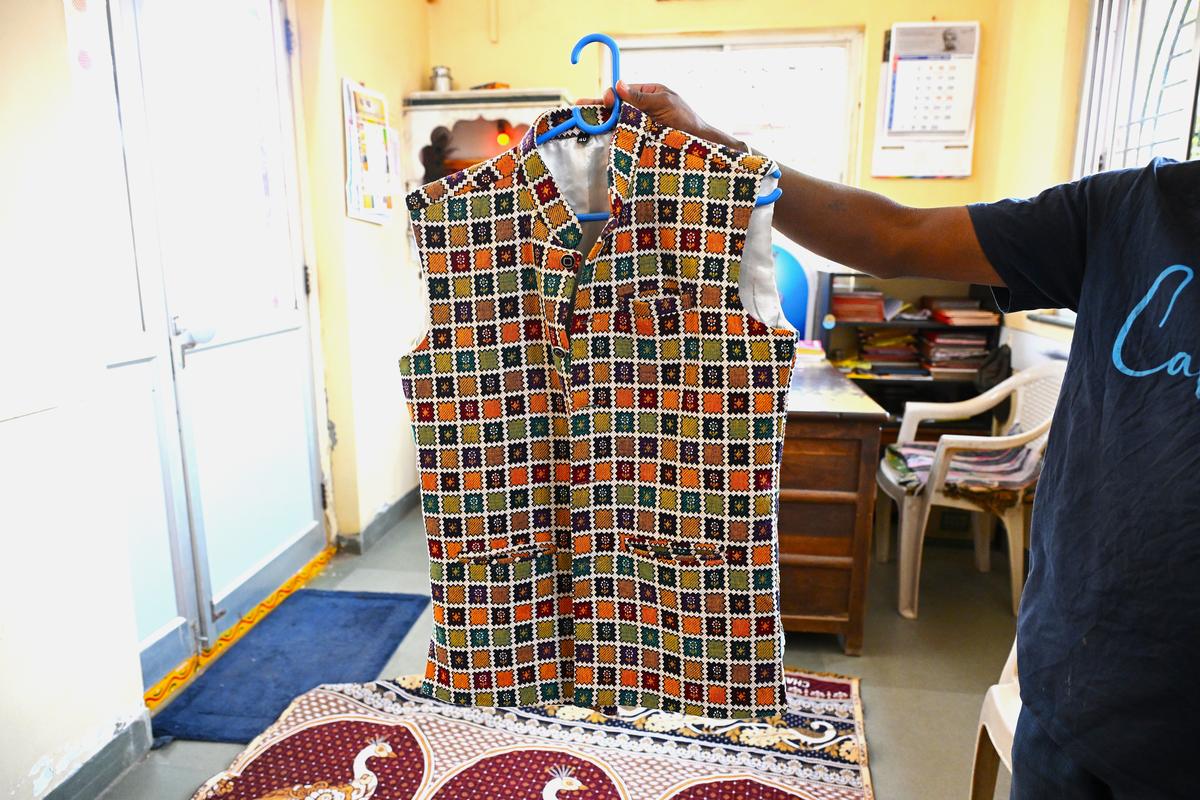 A jacket made from Solapur woven chaddars inside a factory in MIDC Solapur.