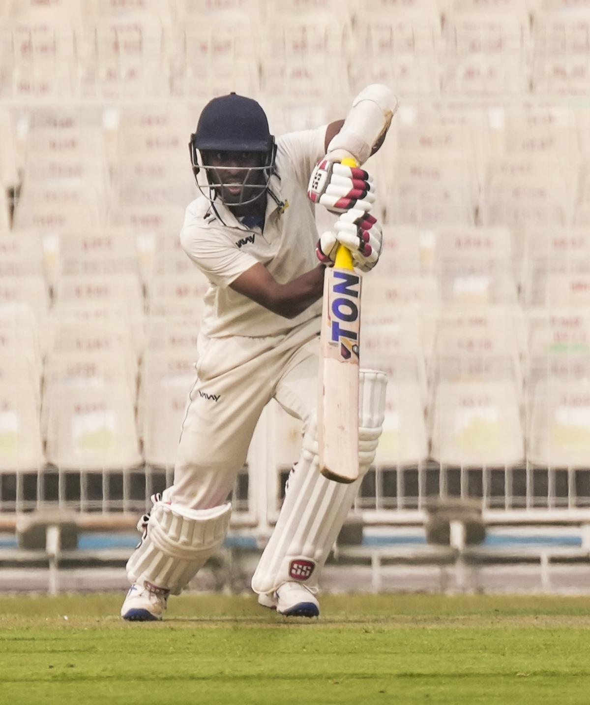 Bengal batter Abhimanyu Easwaran plays a shot during the Ranji Trophy match against Bihar, at Eden Gardens in Kolkata, Friday, Feb. 16, 2024.