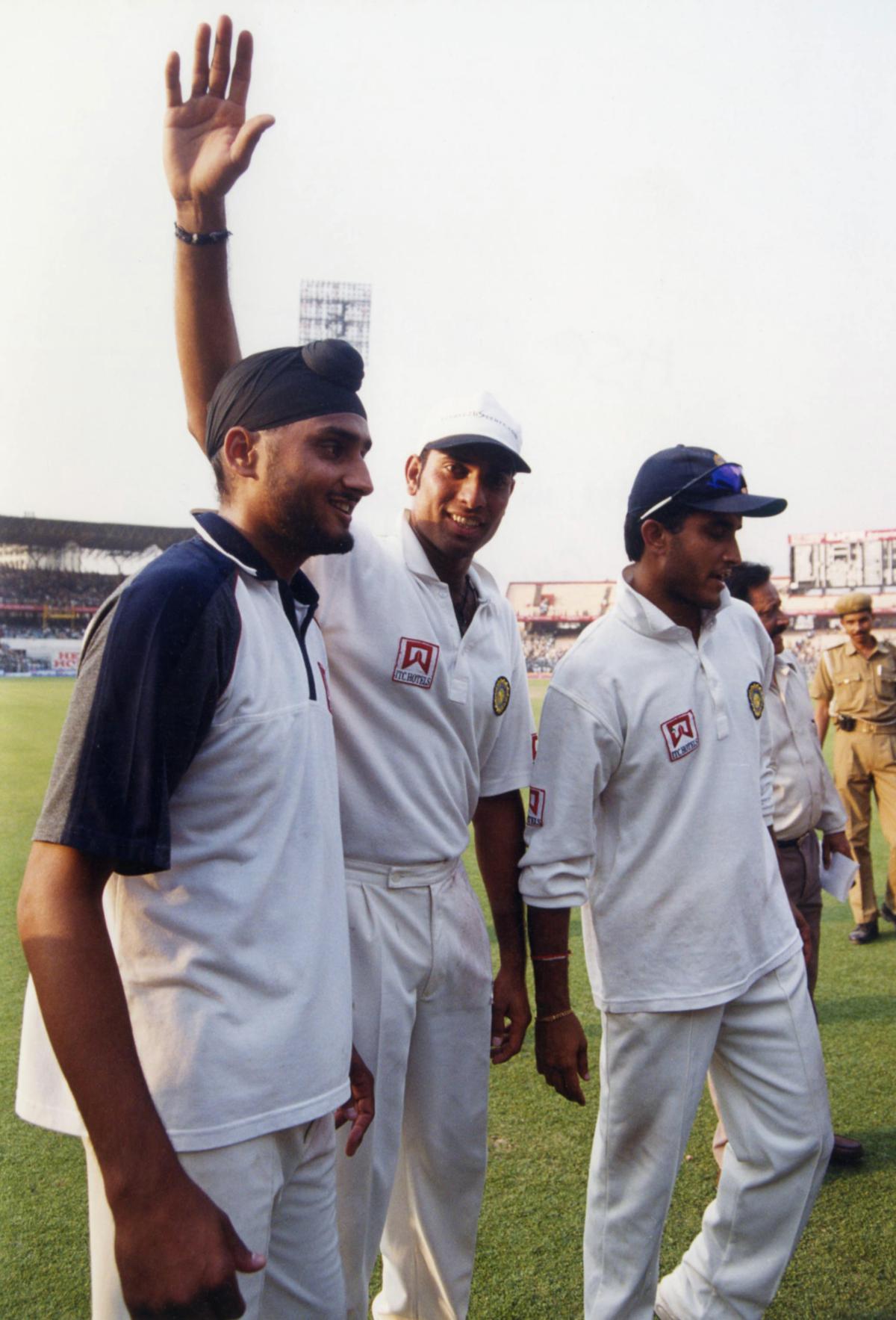 Harbhajan Singh, V.V.S. Laxman and Sourav Ganguly of India during their victory lap after winning the second Test cricket match between India and Australia at Eden Gardens, Calcutta on March 15, 2001. India won by 171 runs.