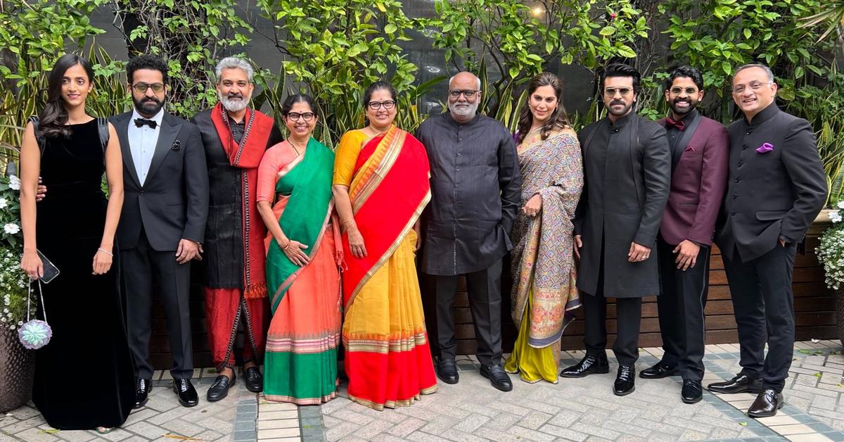 Lakshmi Pranathi, NTR, S S Rajamouli, Rama Rajamouli, M M Srivalli, M M Keeravani, Upasana, Ram Charan, S S Karthikeya and Shobu Yarlagadda at the Golden Globes 2023