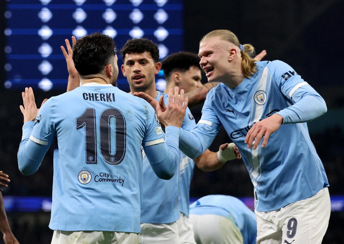 Manchester City's Rayan Cherki celebrates scoring their second goal with Matheus Nunes and Erling Haaland