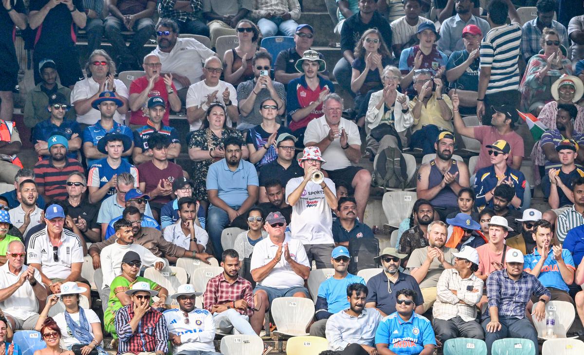 England fans enjoying during the first day of the second Test cricket match between India and England at the ACA-VDCA Stadium In Visakhapatnam on Friday.