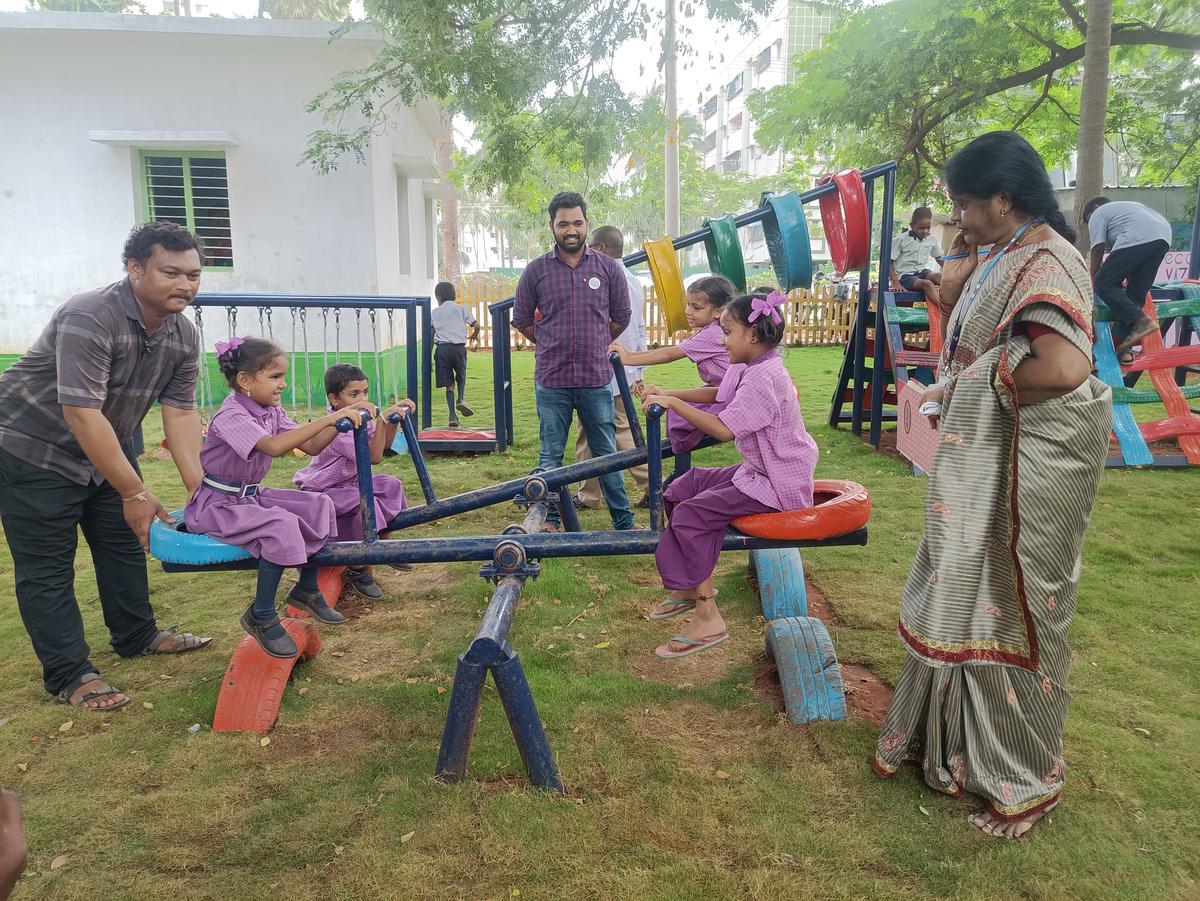 Children playing at the Children Play Arena, Yendada, one of the newly opened RRR centres by GVMC in Visakhapatnam. 