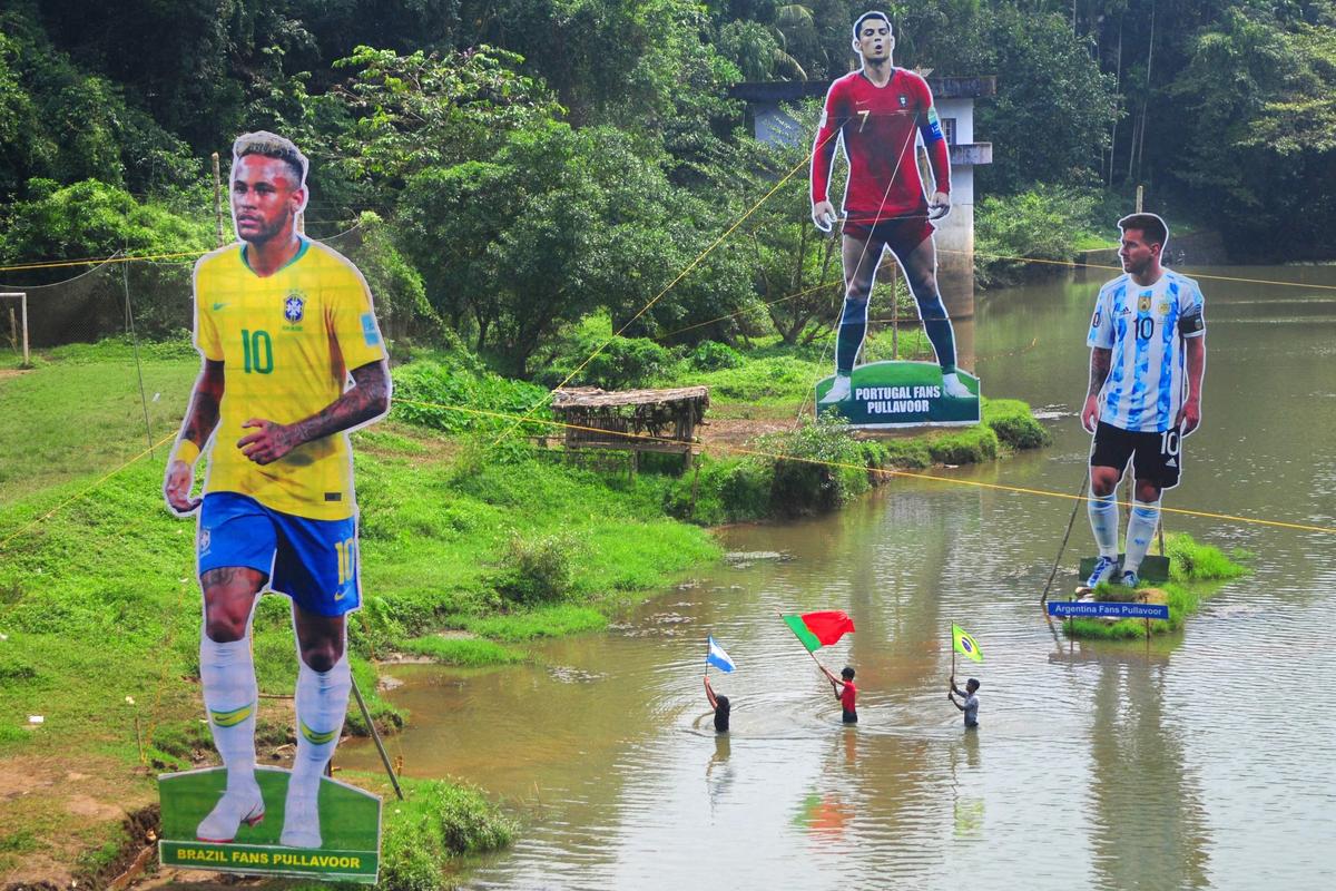 Giant cutouts of football stars Neymar, Ronaldo and Messi in Kozhikode during the FIFA World Cup 2022. Giant cutouts of football stars Neymar, Ronaldo and Messi in Kozhikode during the FIFA World Cup 2022.
