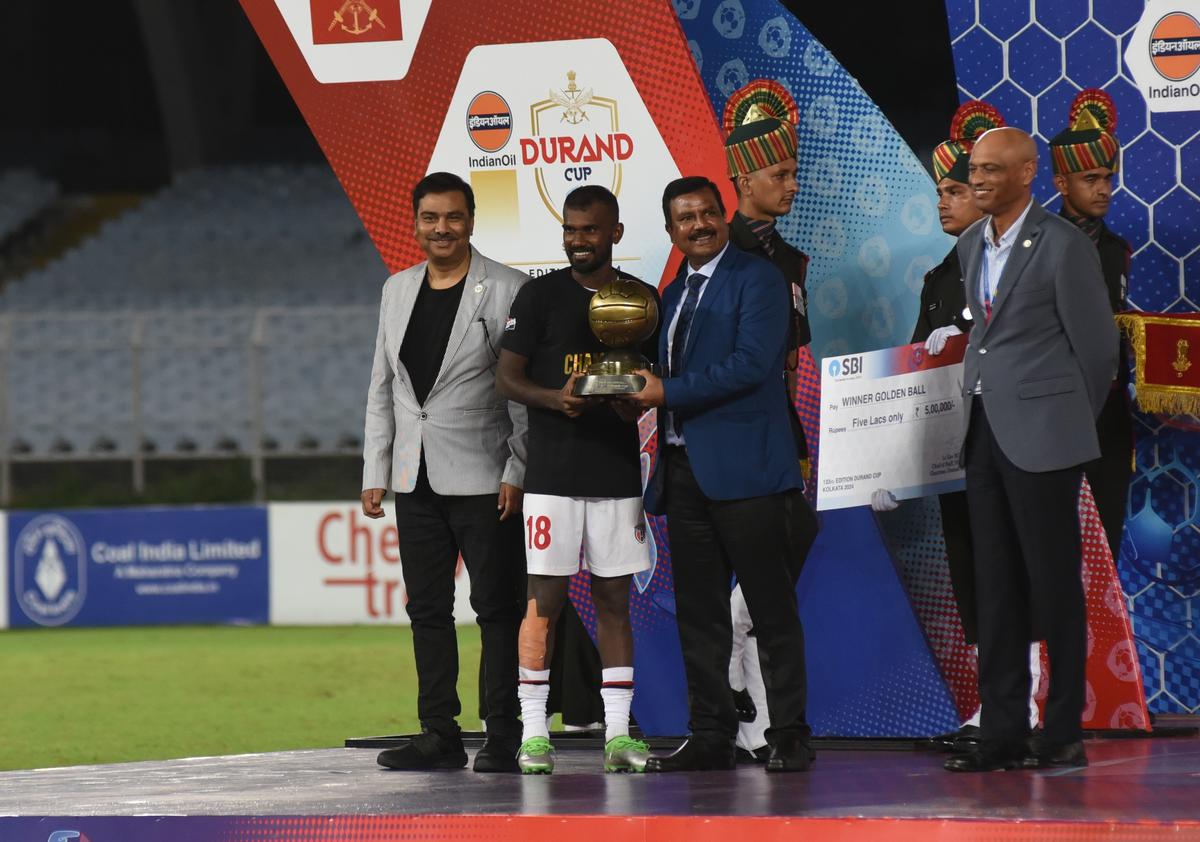 NorthEast United’s Jithin M.S. receives the Golden Ball after the Durand Cup final against Mohun Bagan in Kolkata on August 31, 2024.