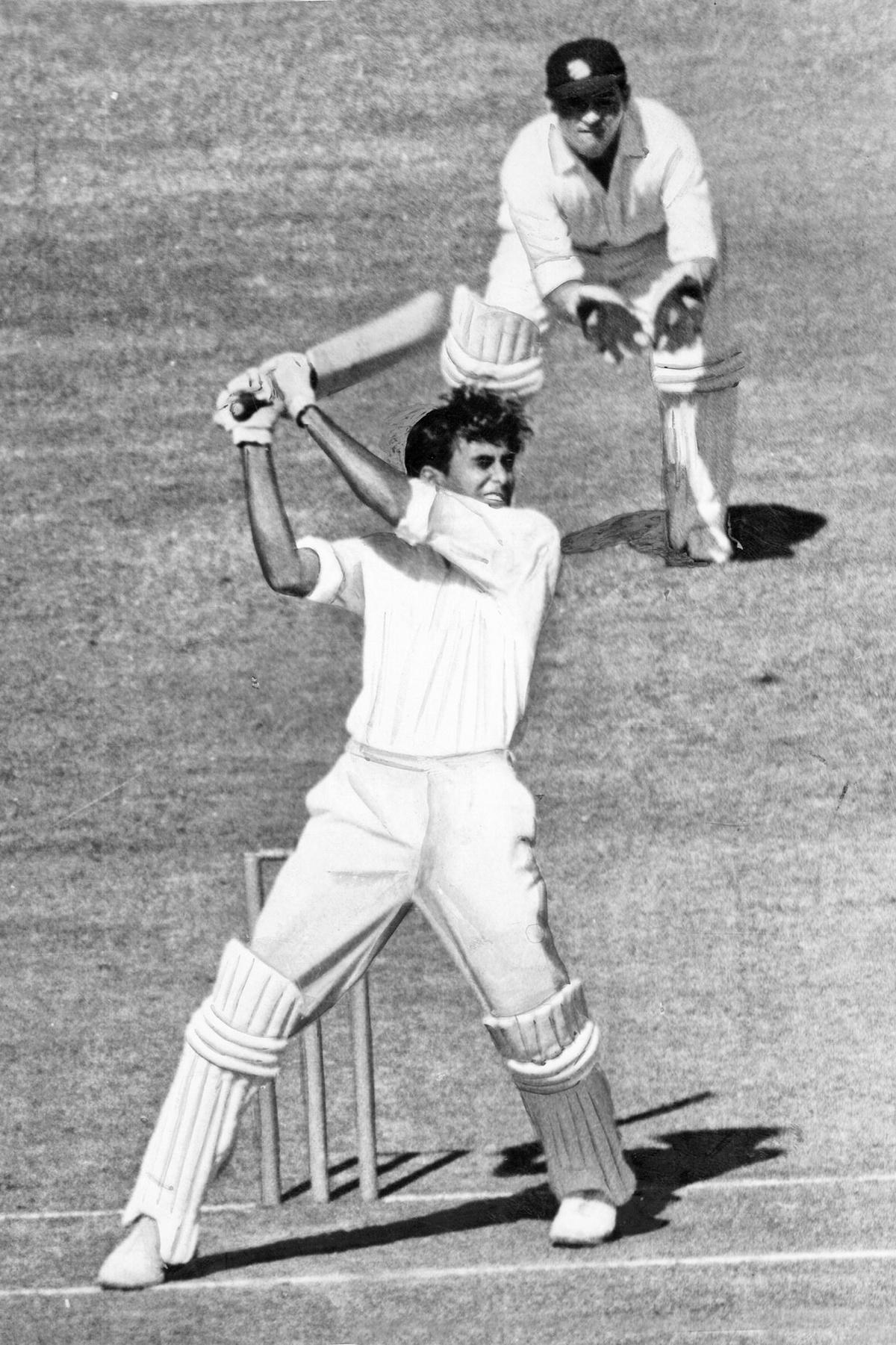 Salim Durani hitting a boundary in a match between India and England at Brabourne Stadium, Bombay, on January 21, 1964.  