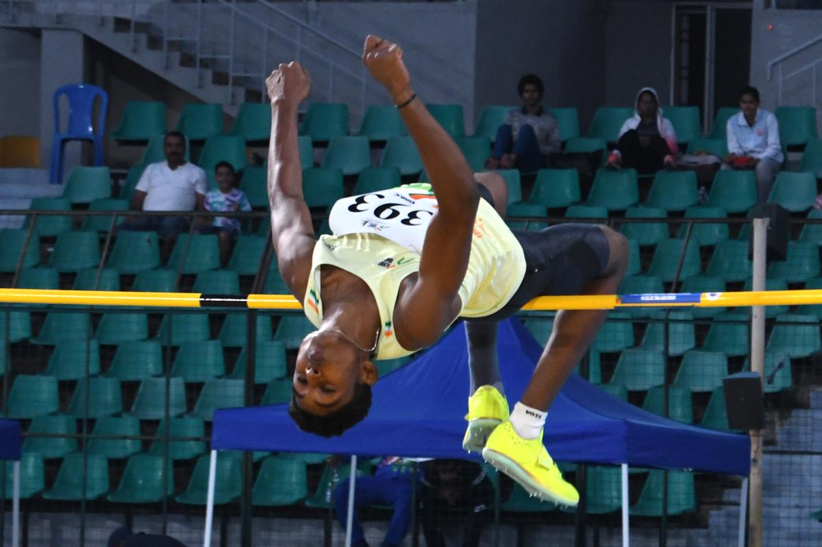 Tamil Nadu’s C. Tharun Vikas on his way to the boys’ high jump gold at the Khelo India Youth Games at the Jawaharlal Nehru stadium in Chennai on Wednesday, January 24, 2024.