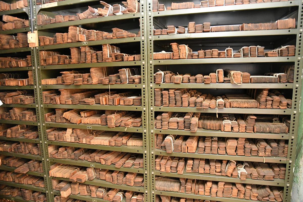 Palm leaf manuscripts are classified and arranged in bundles at the Oriental Research Institute in Mysuru. 