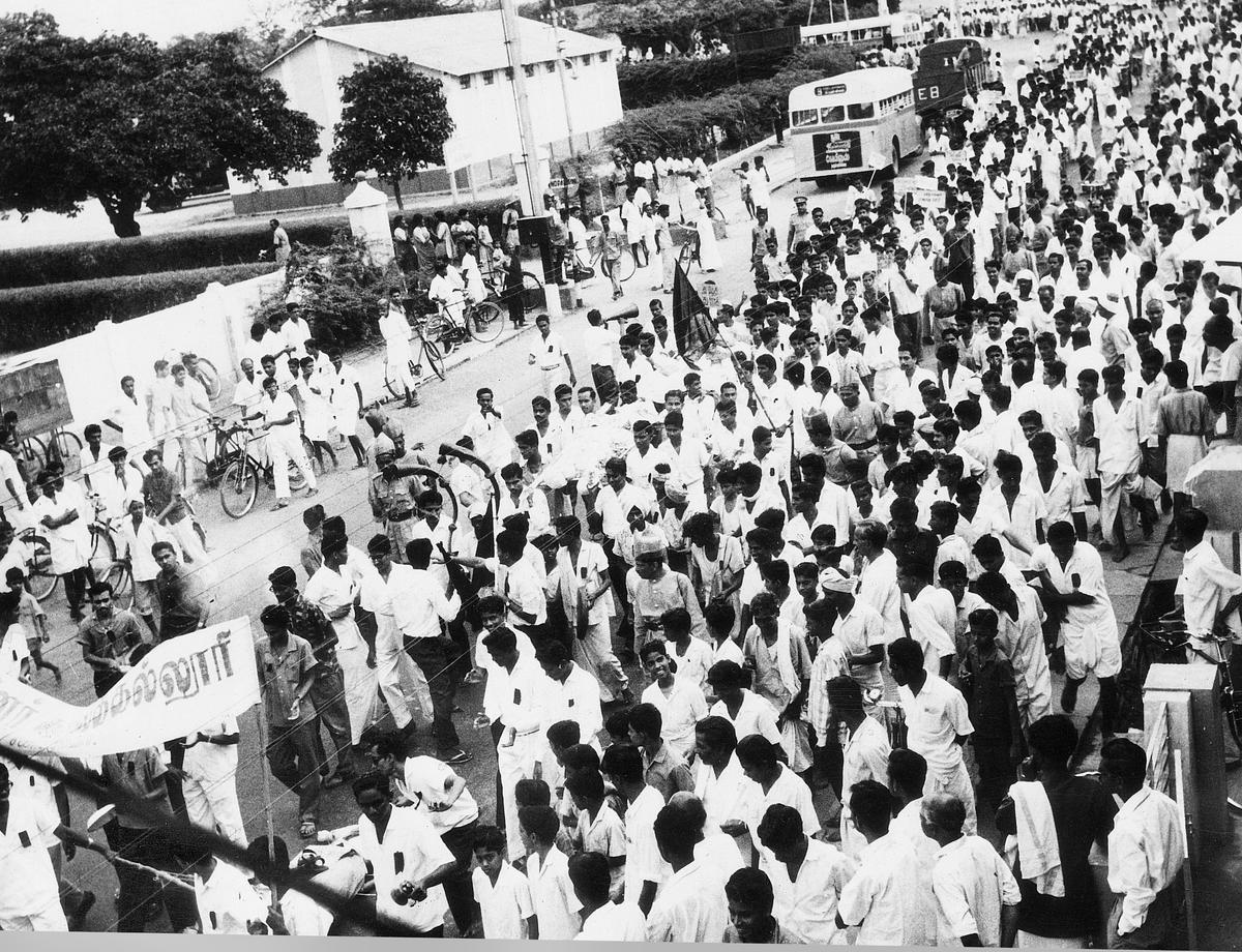College students taking out a rally in Coimbatore in 1965 as part of the anti-Hindi agitation throughout Tamil Nadu.