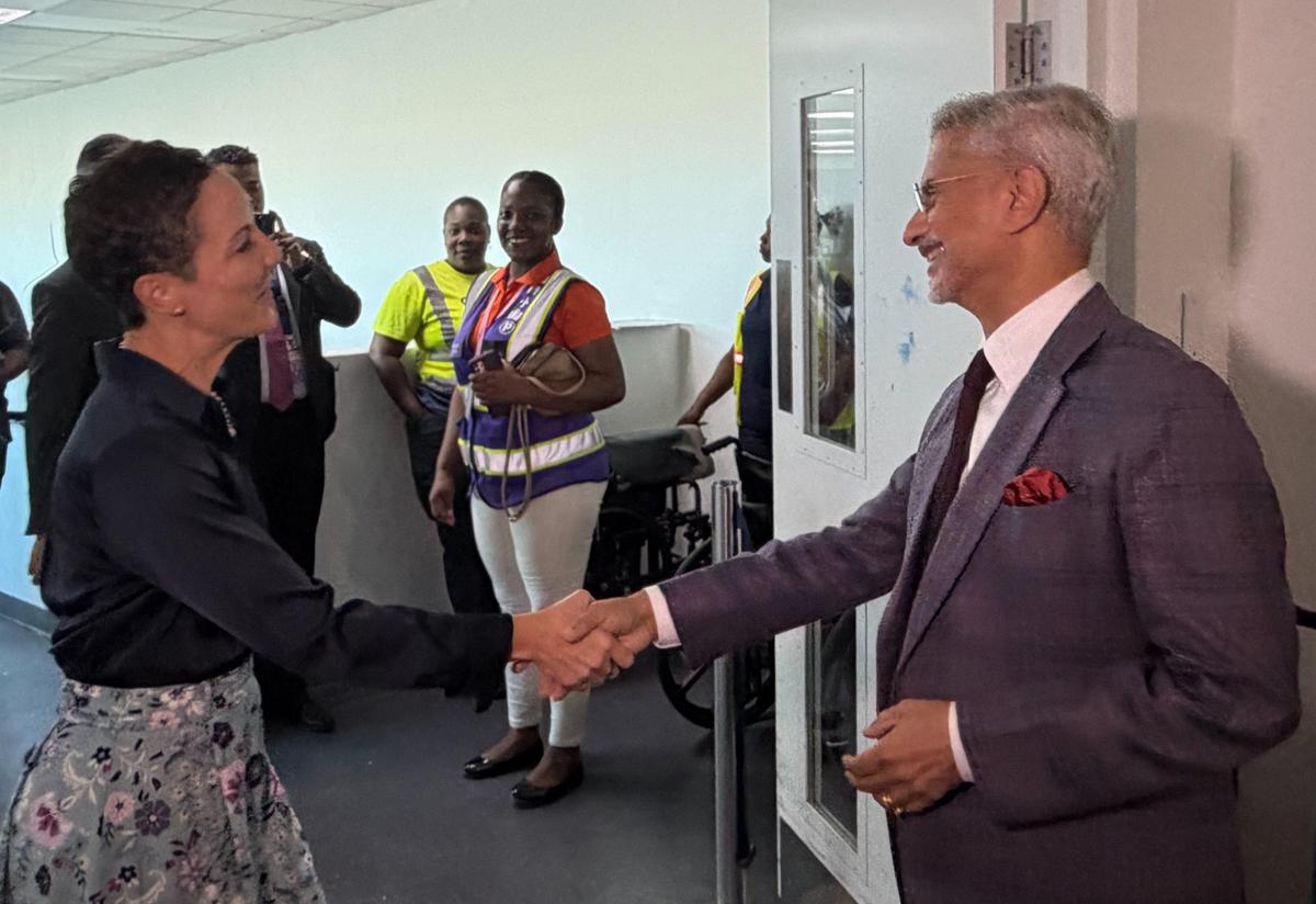 External Affairs Minister S. Jaishankar being received by his Jamaican counterpart Kamina J. Smith upon his arrival in Kingston. Photo: X/@DrSJaishankar via PTI.