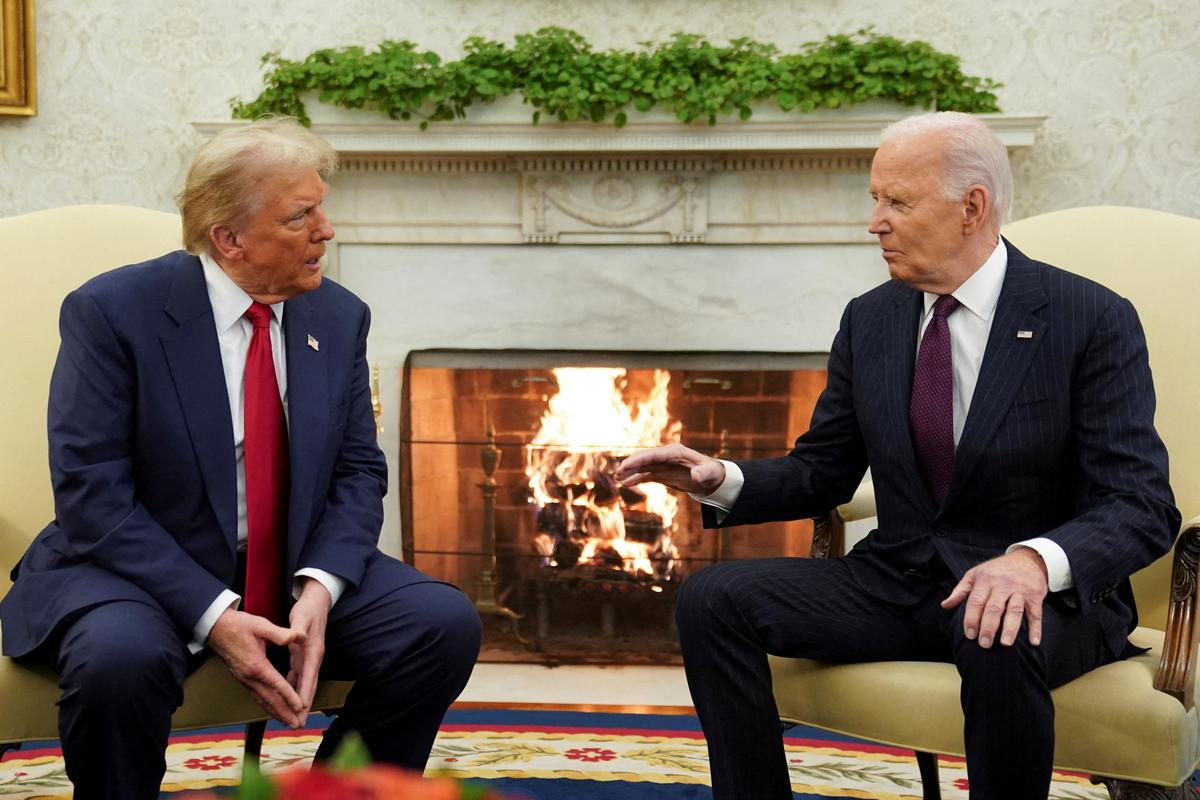 File picture of U.S. President Joe Biden with President-elect Donald Trump in the Oval Office at the White House in Washington, U.S., on November 13, 2024.