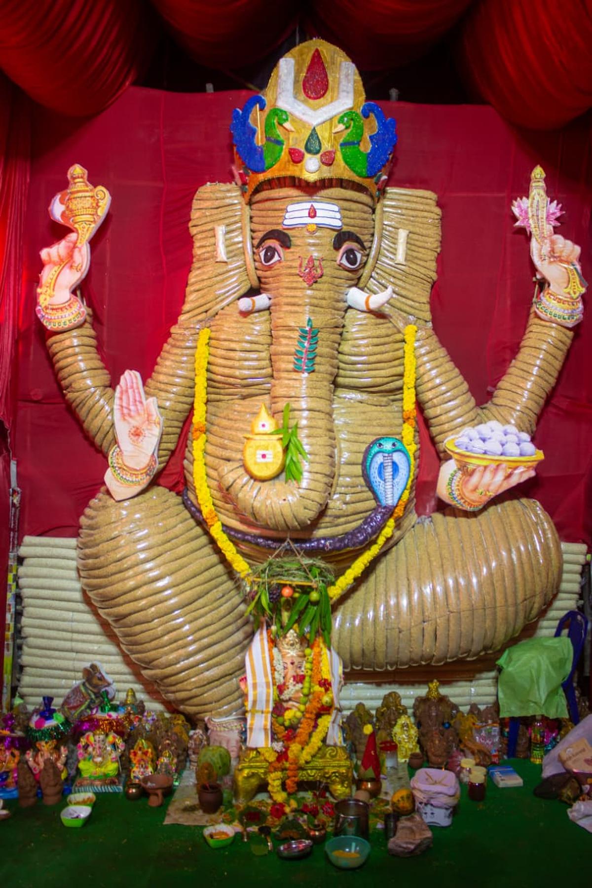 The 15-foot idol made with paddy and puffed rice at Gajuwaka in Visakhapatnam. The 15-foot idol made with paddy and puffed rice at Gajuwaka in Visakhapatnam.
