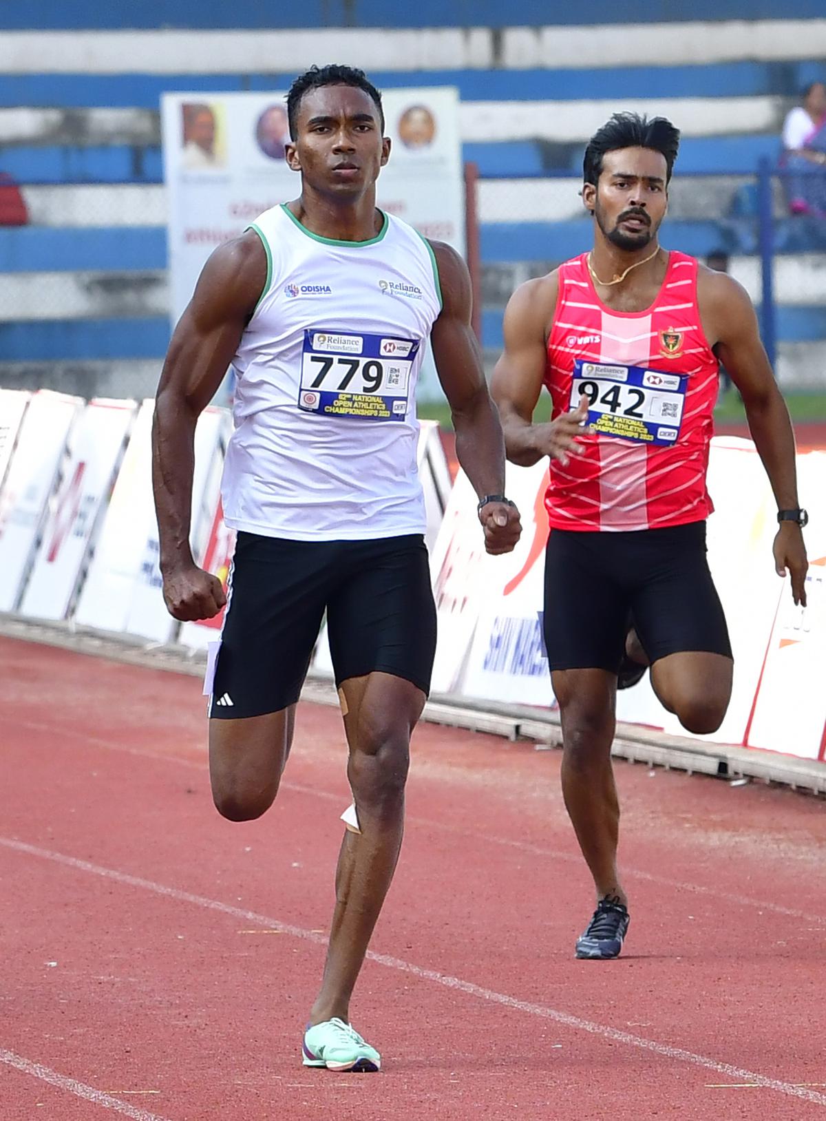 Animesh Kajur of Odisha sprinting to a new meet record in the 200m at the 62nd National Open athletics championships at Sree Kanteerava Stadium in Bengaluru on October 14.