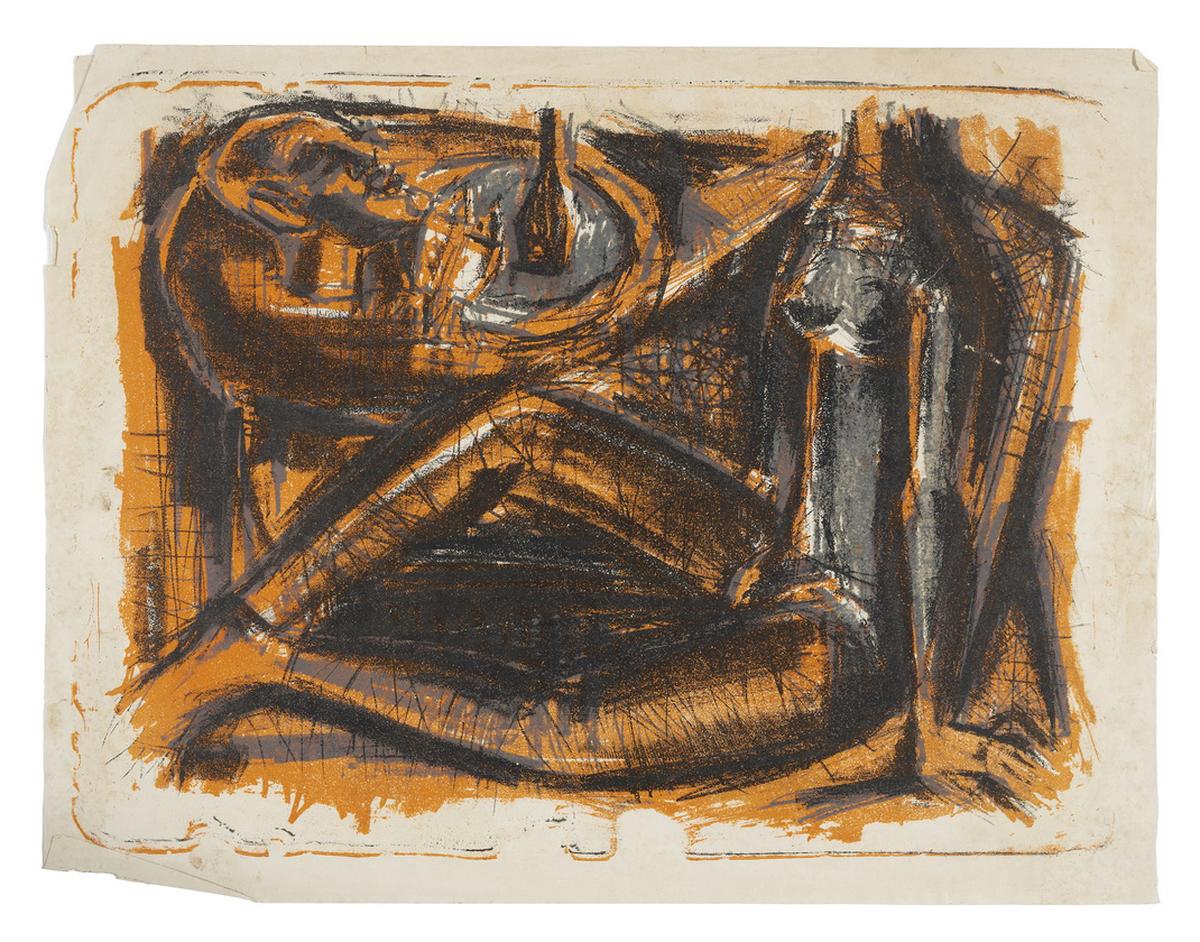 Female figure with Still Life, lithograph, from Handprints, a retrospective on Gulam Mohd Sheikh