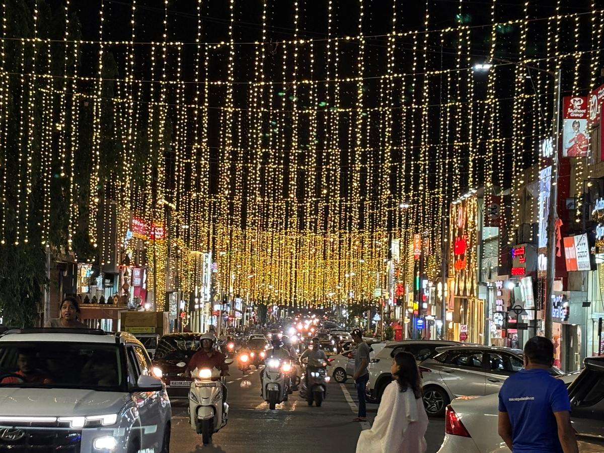 An illuminated D. Devaraj Urs Road in Mysuru. This is the main shopping hub in Mysuru and it is one of the key roads that will be lit up during Dasara festivities that commence on October 3, 2024. 