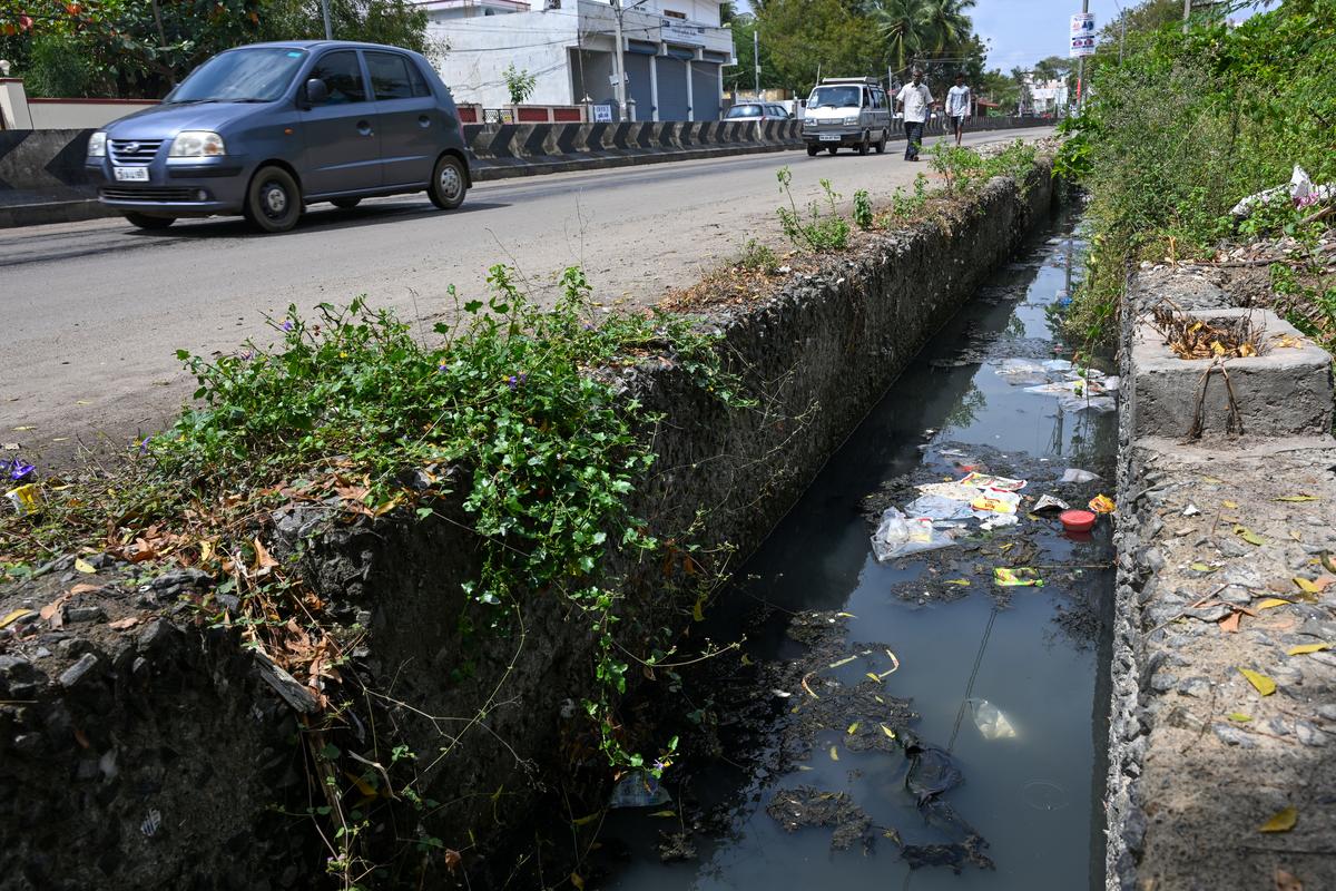 An open drain at Anaiyur main road in Madurai.  Due to unavailability of UGD, the sewage is being let out in these open drains.