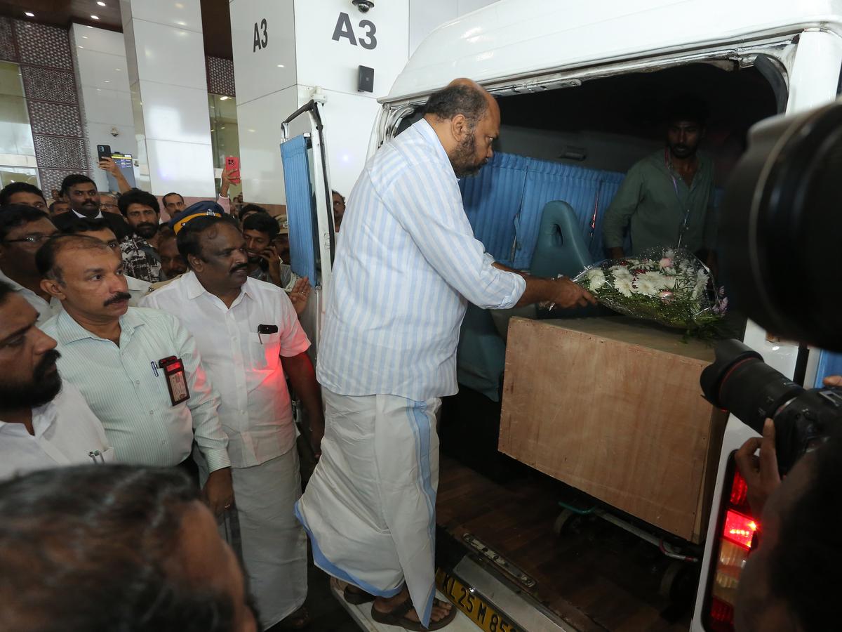 Minister P Rajeev pays his last respects on behalf of the State Government as the bodies of five people who died in a road accident in Kenya were brought to Kochi on June 15, 2025.