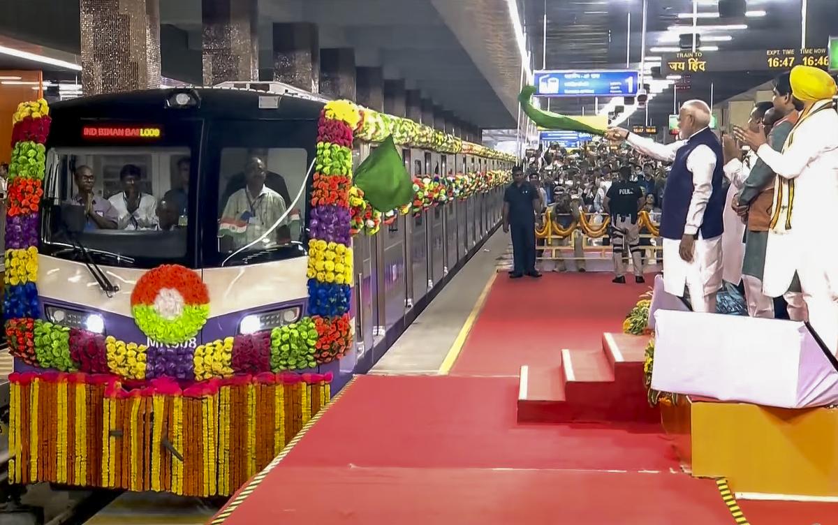 In this screengrab from a video released on Aug. 22, 2025, Prime Minister Narendra Modi flags off a metro train, in Kolkata. Photo: PMO via PTI Photo In this screengrab from a video released on Aug. 22, 2025, Prime Minister Narendra Modi flags off a metro train, in Kolkata. Photo: PMO via PTI Photo
