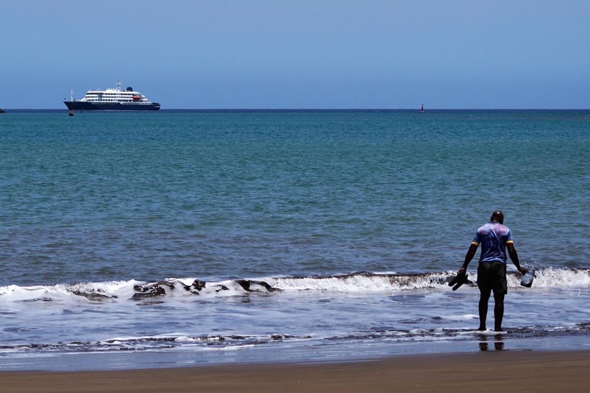The MV Hondius cruise ship is anchored at a port in Praia, Cape Verde on May 4, 2026.