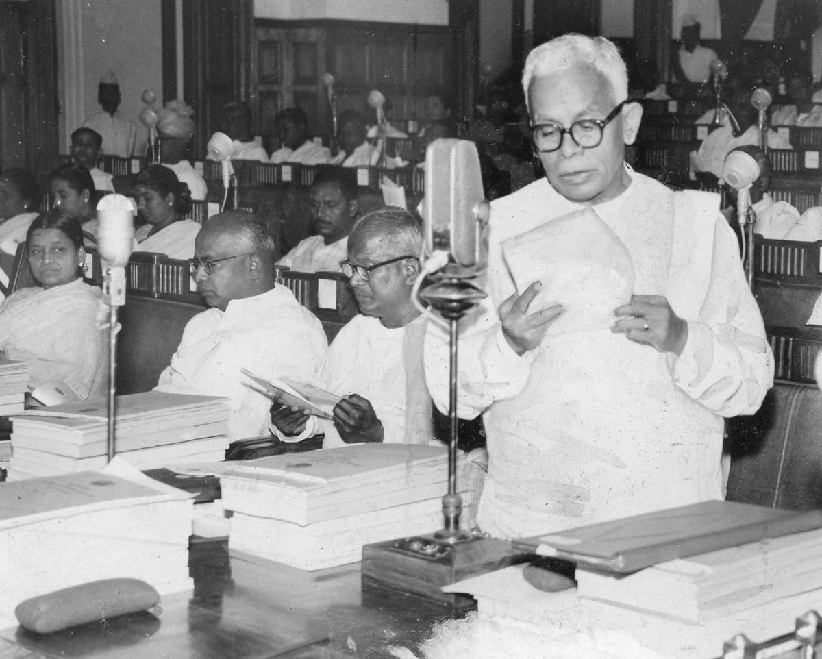 M. Bhaktavatsalam presenting the State Budget for 1965-66 in the Madras Assembly on March 1, 1965