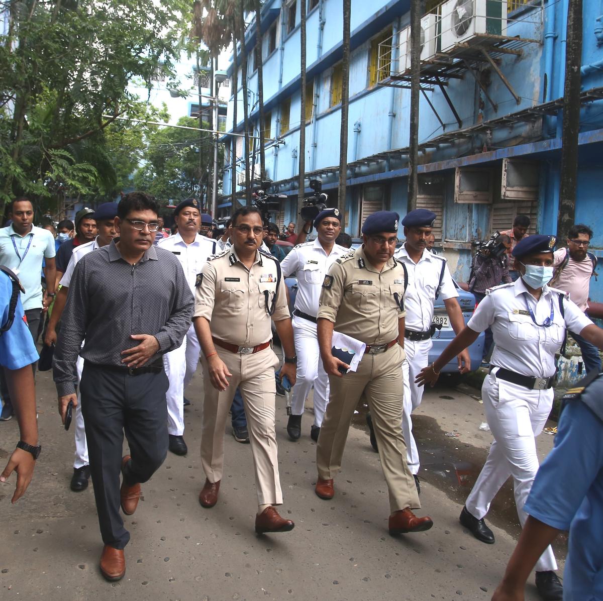 Kolkata police officials visit R.G. Kar Medical College and Hospital on August 9. 