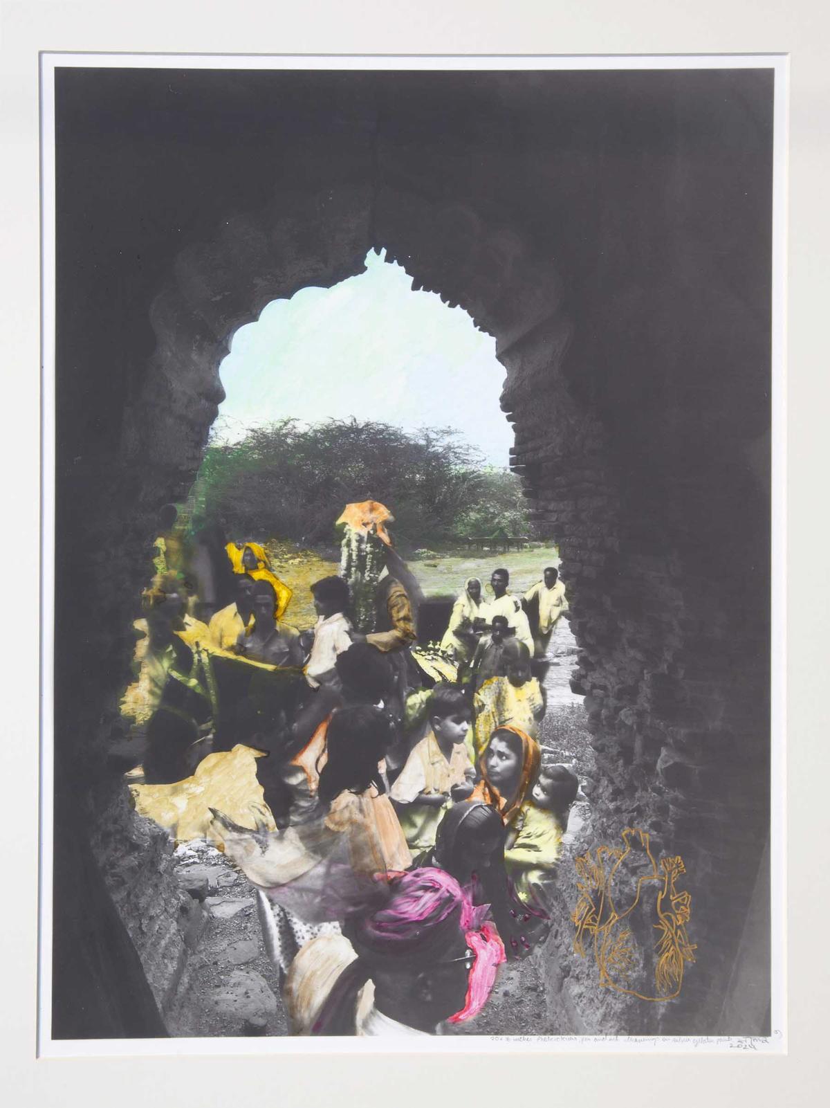 Untitled, hand painted with Fuji photo colour on unique silver gelatin print at Khula Aasman exhibition by Seema Kohli