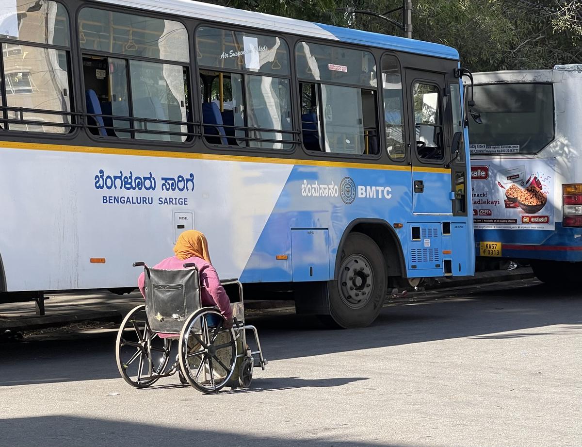 A person on a wheelchair at Shivajinagar BMTC bus stand, in Bengaluru. Â A person on a wheelchair at Shivajinagar BMTC bus stand, in Bengaluru. Â
