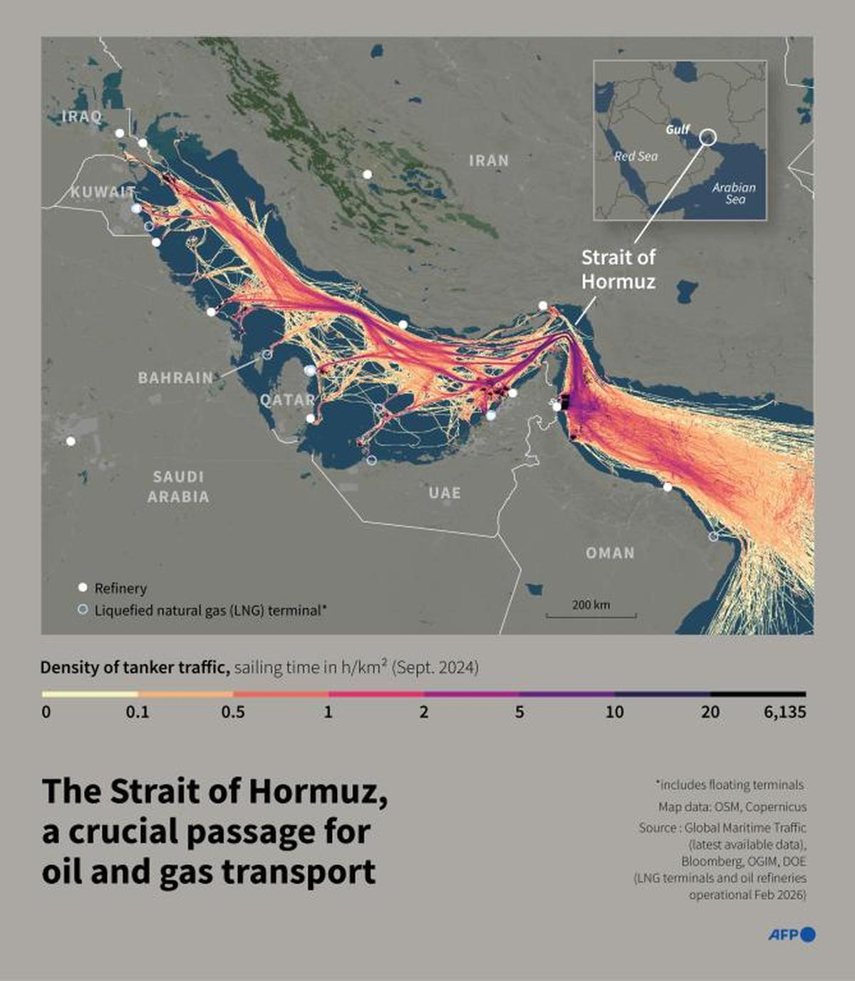 The Gulf with refineries and liquefied natural gas terminals operational in February 2026, as well as maritime tanker traffic in the Gulf region, and in particular in the Strait of Hormuz.