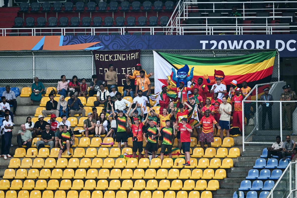 Fans of team Zimbabwe cheer as the 2026 ICC Men's T20 Cricket World Cup group stage match against Ireland was called off due to rain at the Pallekele International Cricket Stadium in Kandy on February 17, 2026. Fans of team Zimbabwe cheer as the 2026 ICC Men's T20 Cricket World Cup group stage match against Ireland was called off due to rain at the Pallekele International Cricket Stadium in Kandy on February 17, 2026.