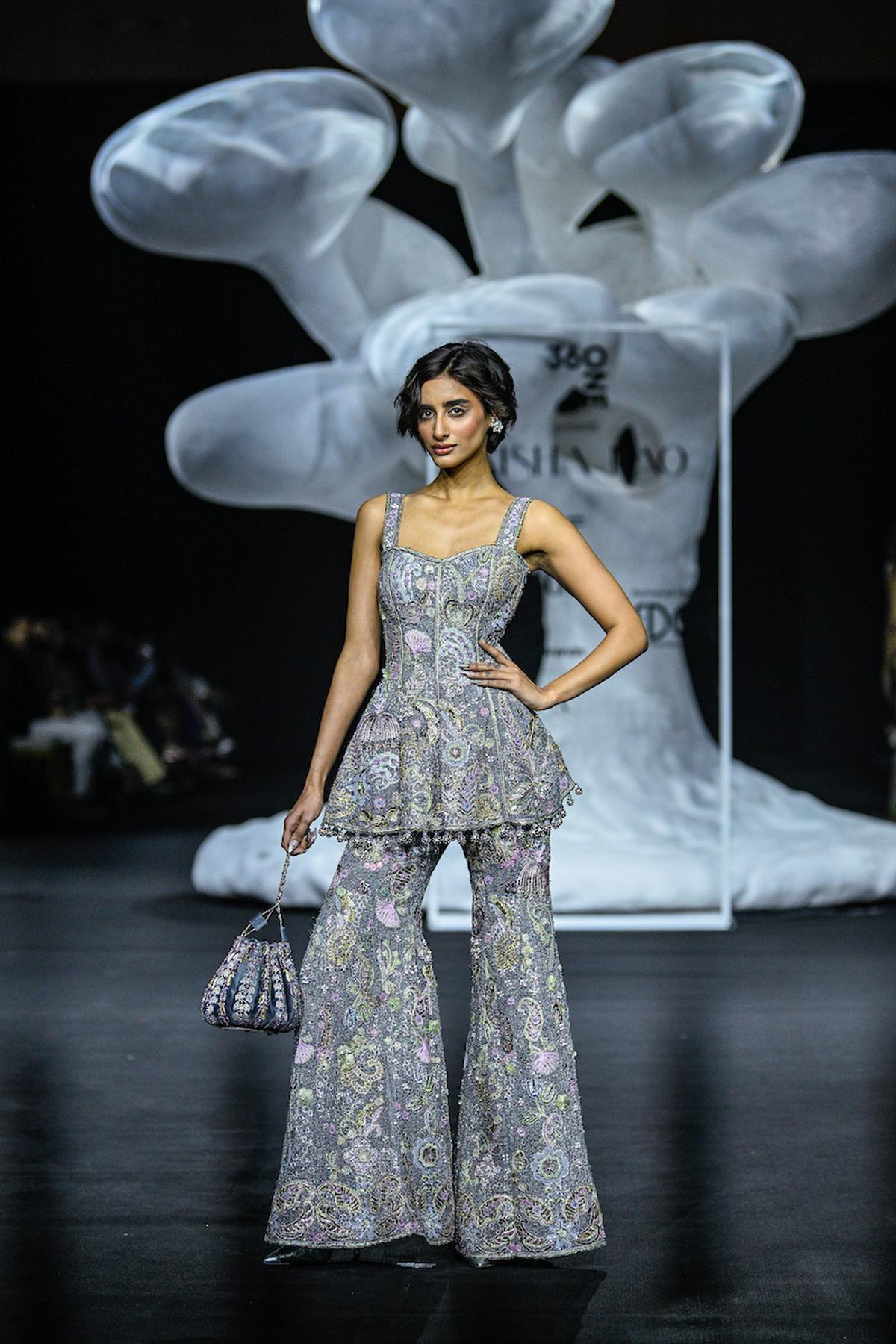 A model sports an ensemble from Aisha Rao’s Inter-Hana collection