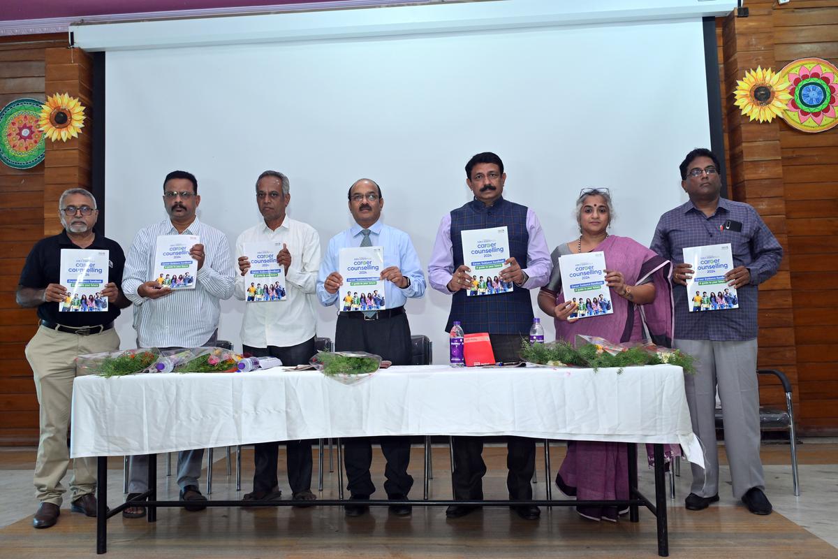 The dignitaries releasing The Hindu Education Plus Career Counselling Handbook in Ballari on Saturday. 
