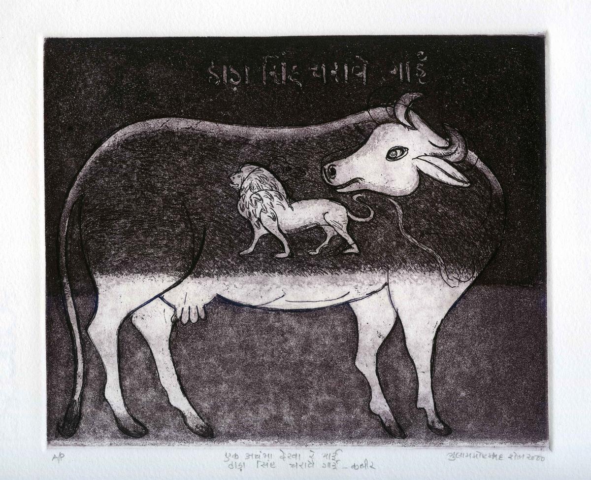 Ek Achambha Dekha re Bhai, etching-aquatint, from Handprints, a retrospective on Gulam Mohd Sheikh