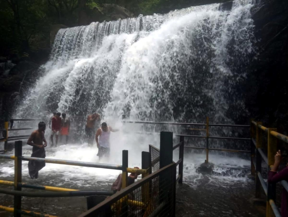 Flow comes down at Suruli Falls