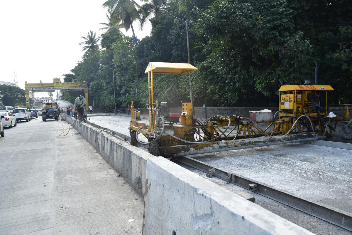 Mysuru road flyover down ramp closed towards for White topping works, in Bengaluru on August 08, 2021.  