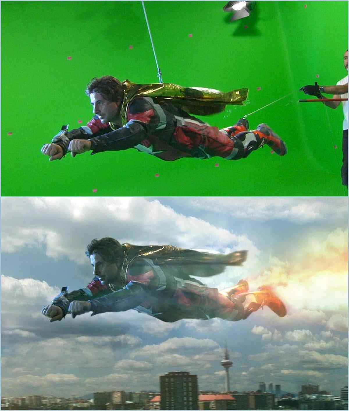 Pantalla verde utilizada en una película de superhéroes. 