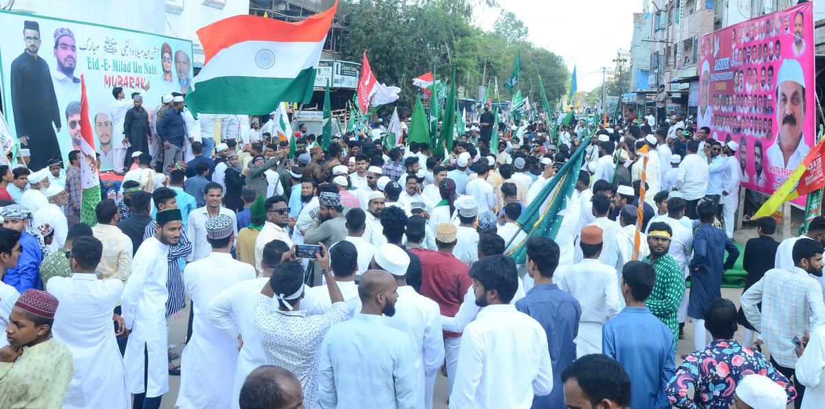 People taking part in Eid-e-Milad-un-Nabi celebrations in Sangareddy on Sunday.   