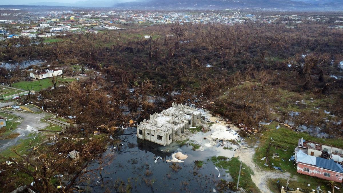 A drone view of affected areas, in the aftermath of Hurricane Melissa, in Black River, Jamaica on November 5, 2025. 
