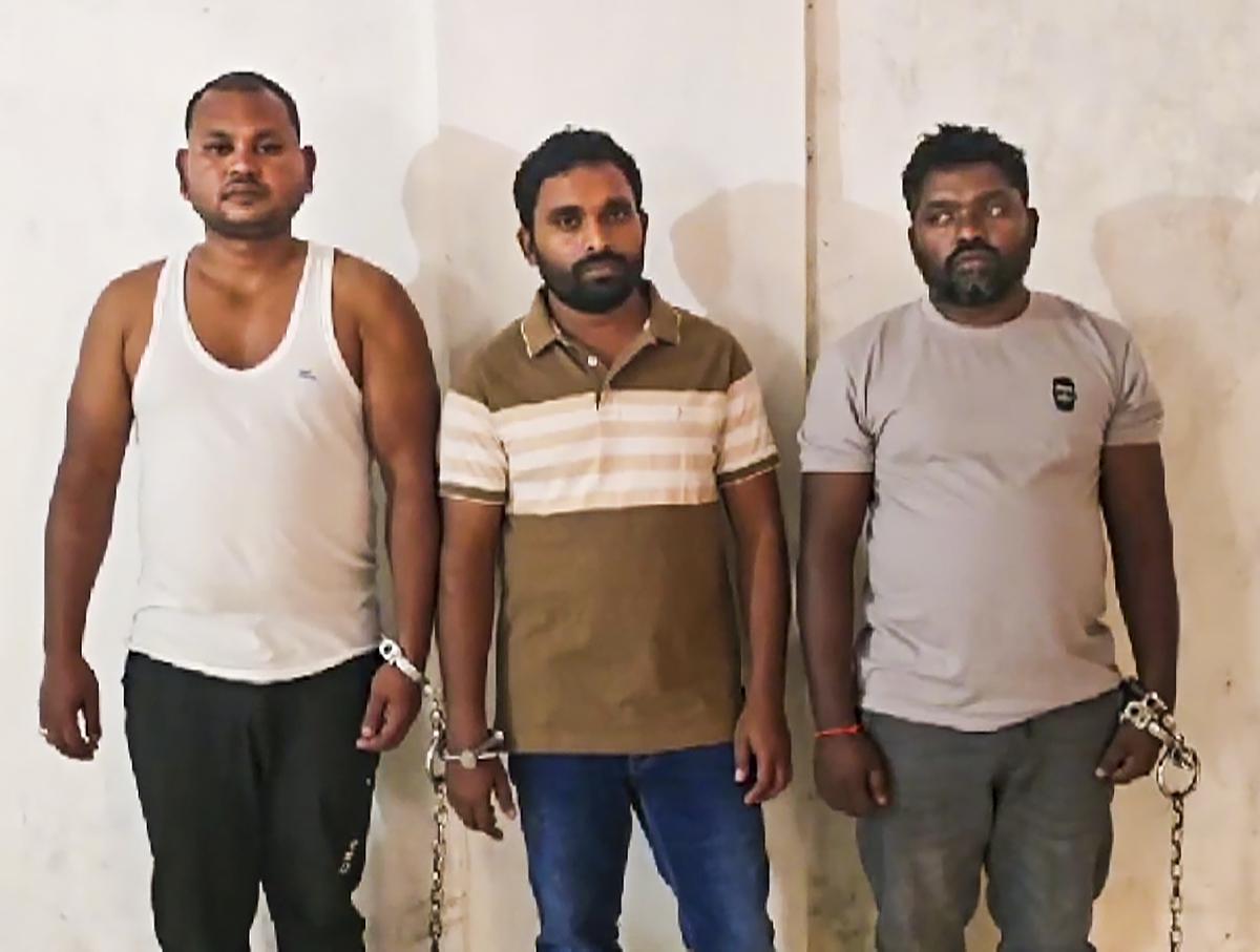 Three accused arrested in connection with the murder of journalist Mukesh Chandrakar are seen, in Bijapur district, Chhattisgarh on January 4, 2025.