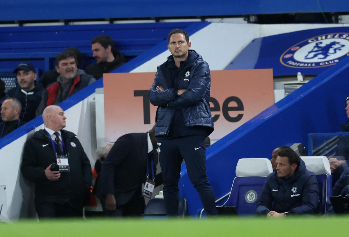 Chelsea manager Frank Lampard looks dejected during Chelsea’s 2-0 loss to Brentford in the Premier League on April 26, 2023