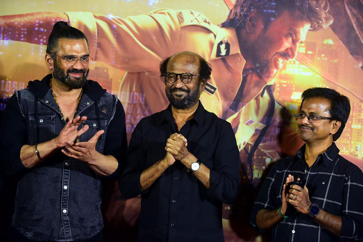 Suniel Shetty, Rajinikanth and AR Murugadoss during the trailer launch of 'Darbar'