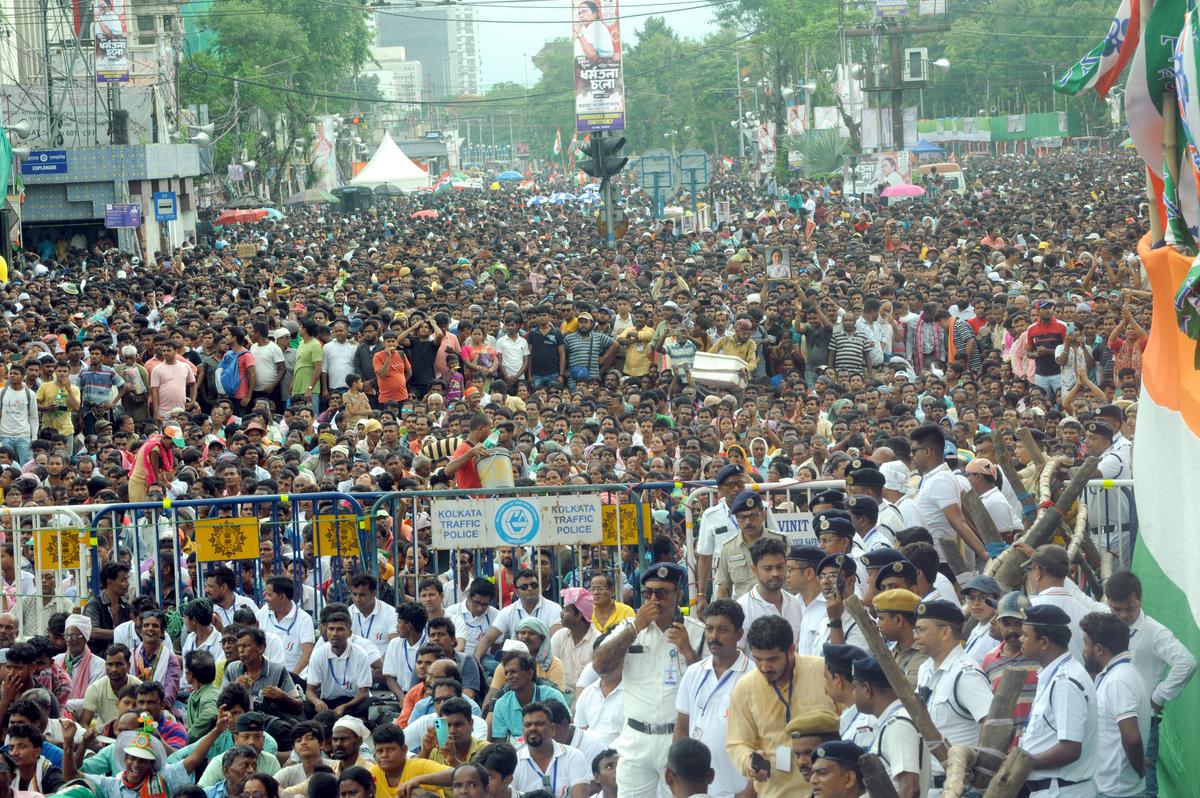 Trinamool Congress supporters and workers gathered at Esplanade in Kolkata to attend their party’s annual Marty’s Day rally