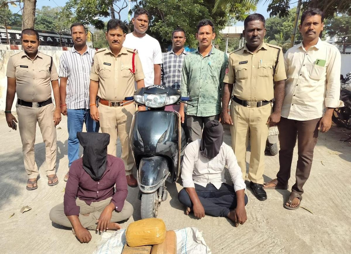 The police with arrested accused along with seized ganja stock and a bike in Chittoor in January 2025. 