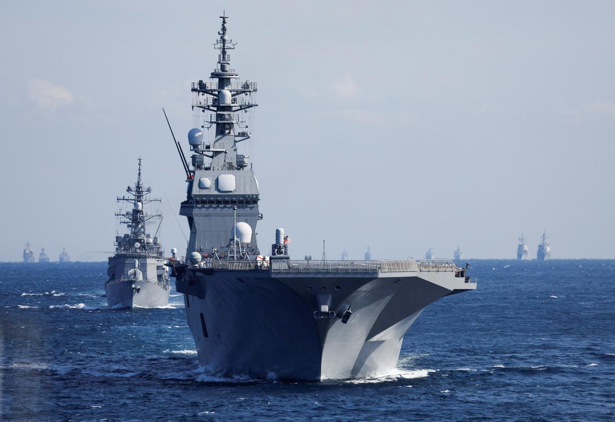 Japan’s Maritime Self-Defense Force (JMSDF) destroyer JS Hyuga (DDH-181) leads the JMSDF fleet during a recent International Fleet Review