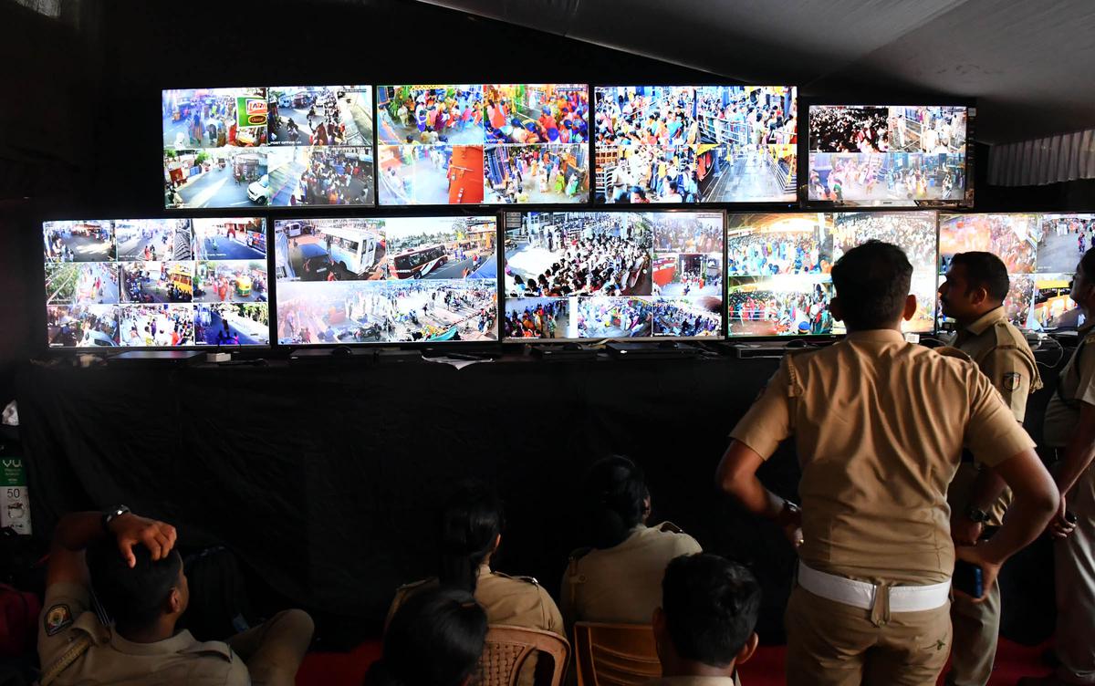 Police monitoring CCTV visuals of the Attukal Bhagavathy Temple and surrounding areas at the police control room set up at Attukal, in Thiruvananthapuram on Monday. Police monitoring CCTV visuals of the Attukal Bhagavathy Temple and surrounding areas at the police control room set up at Attukal, in Thiruvananthapuram on Monday.