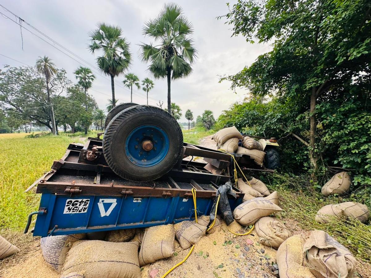 The paddy-laden tractor following the crash The paddy-laden tractor following the crash
